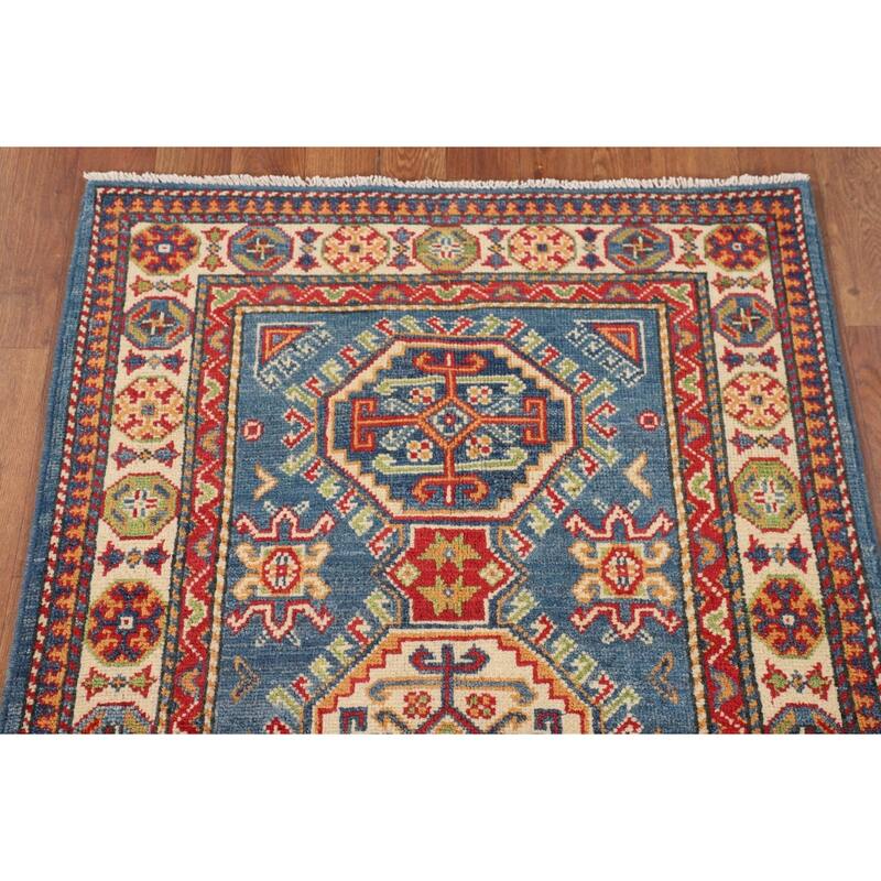 Blue Geometric Kazak Foyer Rug Handmade Bedroom Wool Carpet - 2'7" x 4'1"