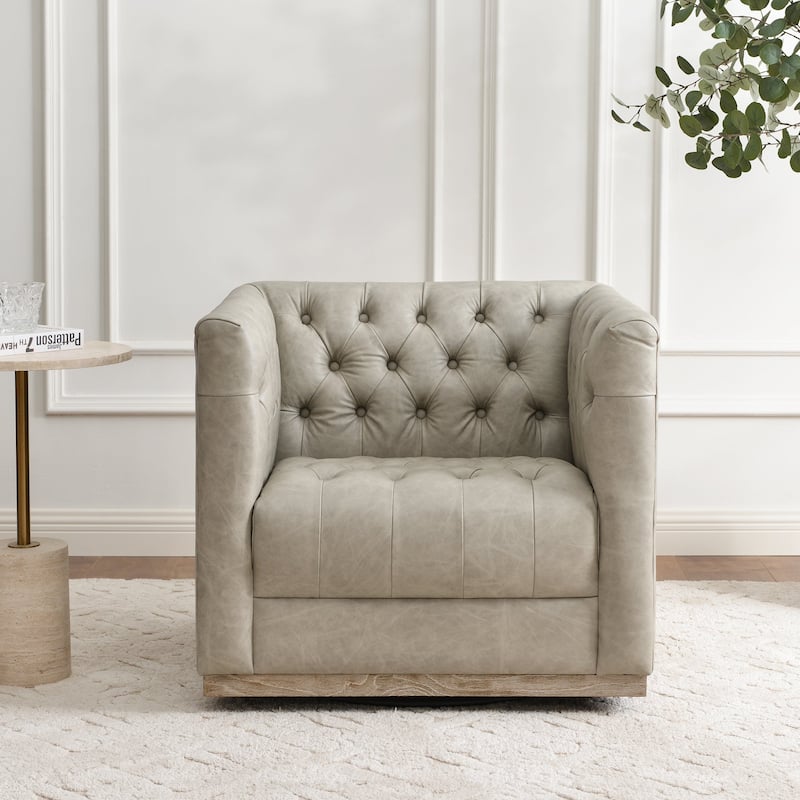 KINWELL 100% Genuine Leather Square Swivel Barrel Accent Chair