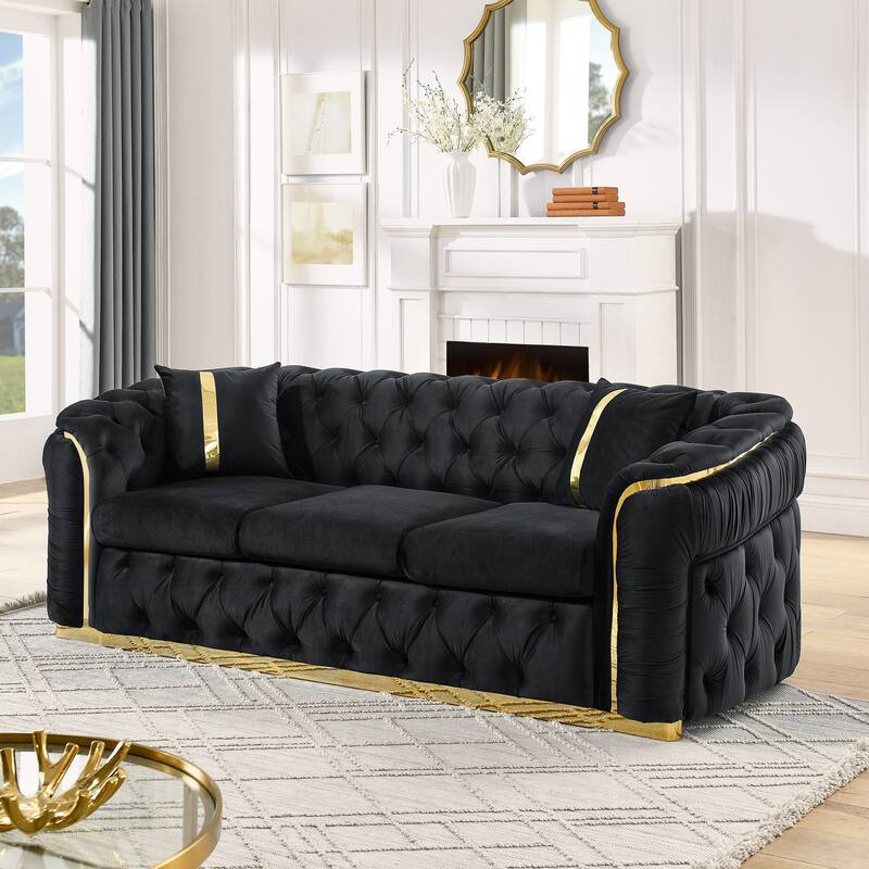 90.6″ Velvet 3-Seater Sofa with 2 Pillows, High-Density Foam & Gold Accents - Black