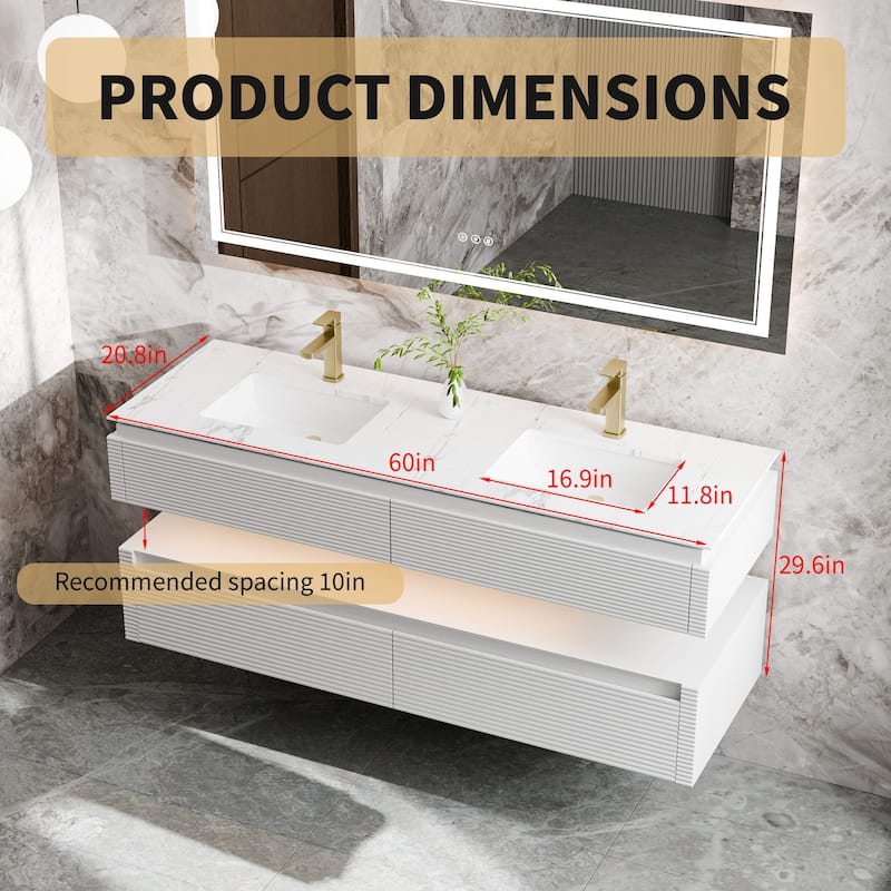 Modland 60" Modern Wall-Mounted Double Sink Bathroom Vanity with Engineered Stone Countertop, Soft-Close Drawers