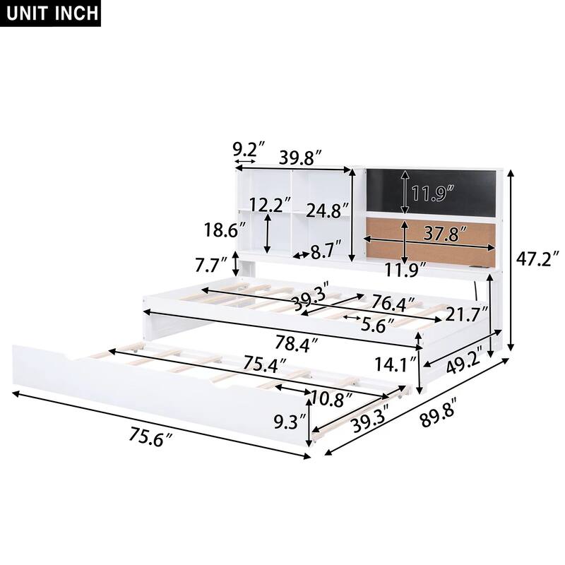 Full Size Wood Daybed with Storage Shelves, Blackboard, Cork Board, USB Charging Ports, and Trundle