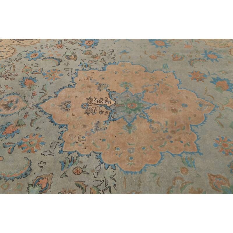 Floral Green Tabriz Persian Vintage Area Rug Hand-Knotted Wool Carpet - 9'7"x 12'11"