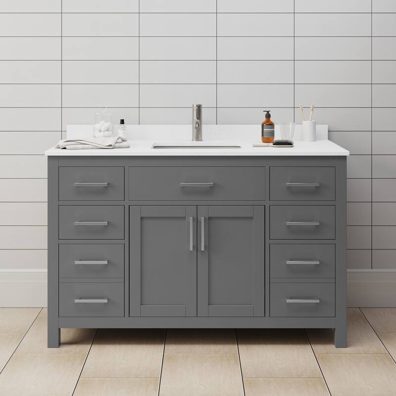 Wyndham Collection Beckett 54" Free Standing Single Basin Vanity Set - Dark Gray / White Cultured Marble Top / Brushed