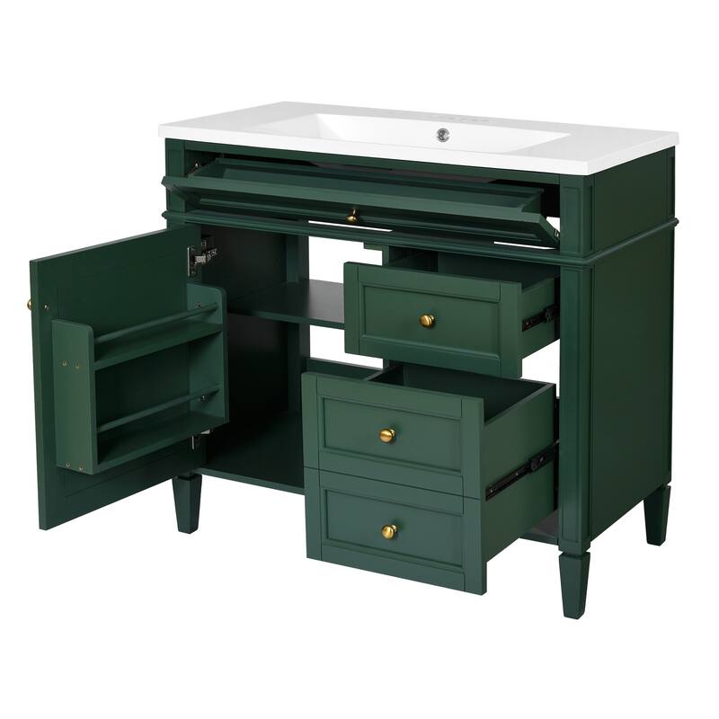 Freestanding Bathroom Vanity & Wall Mounted Mirror Cabinet Set with Resin Sink, Open Shelves, Drawers and Adjustable Shelves