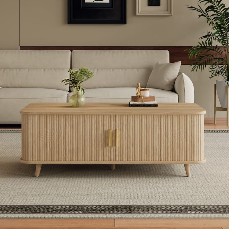 Aron Mid-Century Modern Coffee Table with Semi-Open Tambour Doors and 4 Hidden Storage Compartments, 47.24"