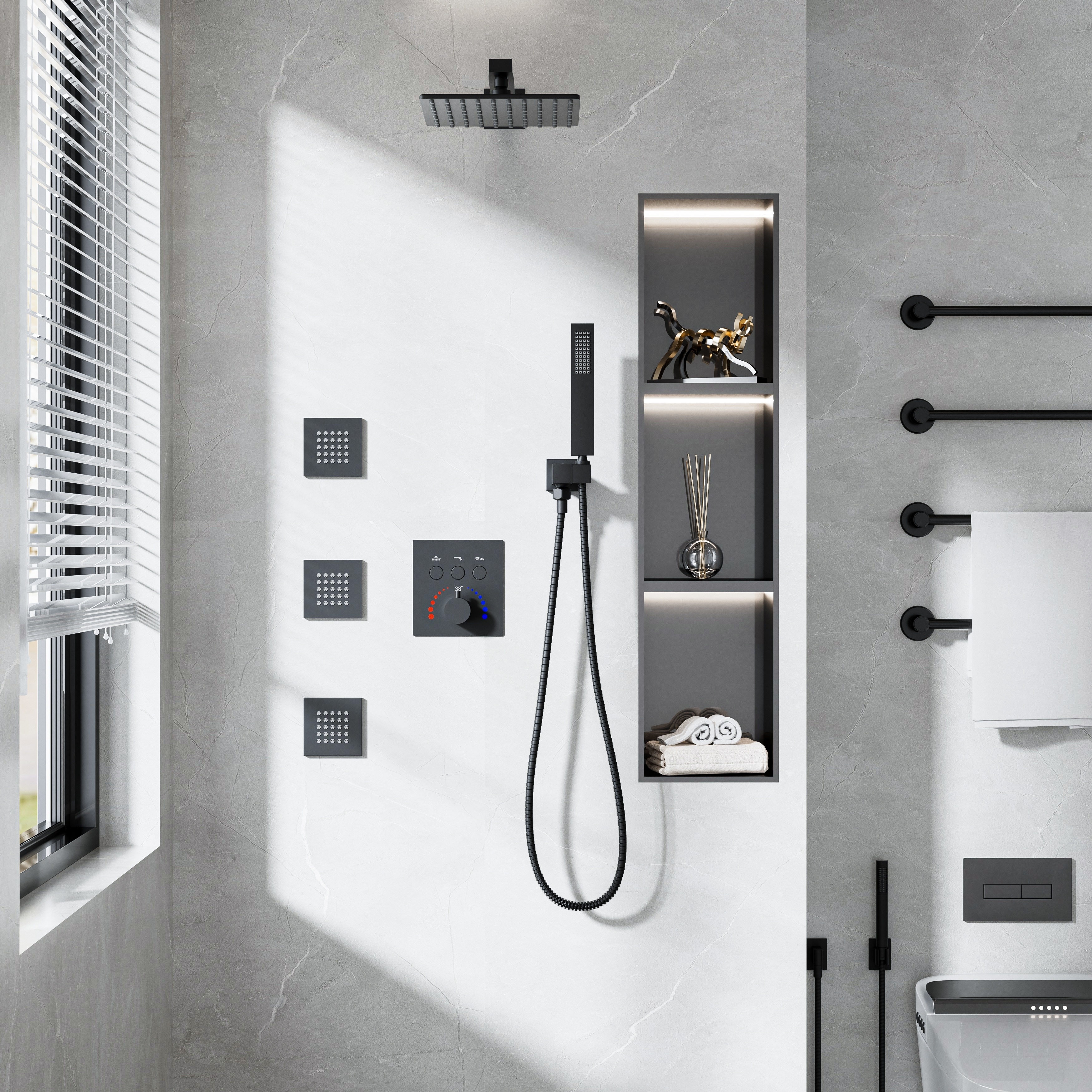 Modland Square Thermostatic Shower System - 3 Jets, WRAS Valve, Wall mounted, Matte Black/Gold