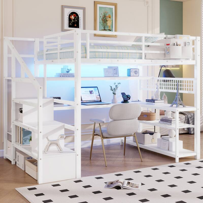 Full Size Metal Loft Bed Frame with Staircase, Wardrobe, Desk, Mesh Board, Storage Shelves, Pocket, LED Lights, Charging Station - White - Full