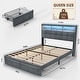 preview thumbnail 11 of 9, Queen Upholstered Platform Bed with LED Lights Storage Headboard Charging Ports