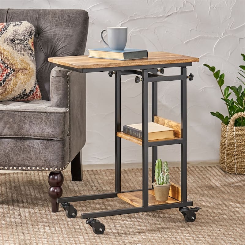 C Shaped End Table with Metal Frame and Wood Top