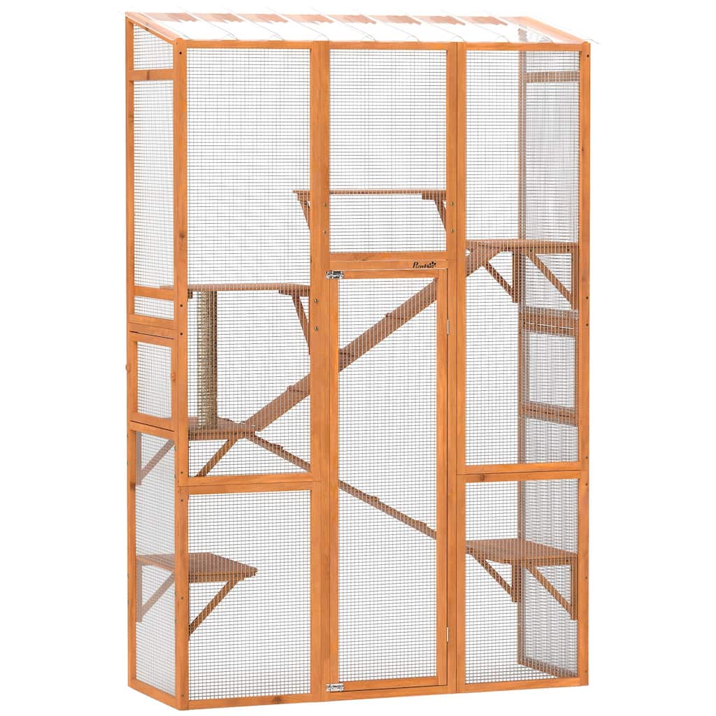 PawHut Outdoor Catio Cat Enclosure, Large Wooden Cat House with 6 Jumping Platforms, Scratching Post, 2 Ramps, Waterproof Roof