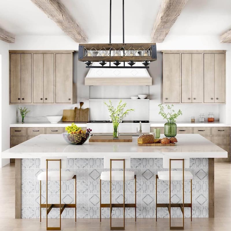 Farmhouse 5-Light Wood Chandelier Rustic Kitchen Island Lights for Dining Room - W31.9" X E10.6" X H10.2"