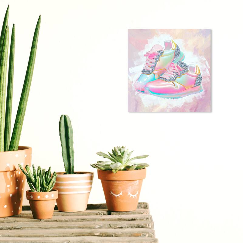 Wynwood Studio Fashion and Glam Pastel Pop Sneakers Pink and Neon Blue Bohemian & Eclectic Wall Art Canvas Print - 12 x 12