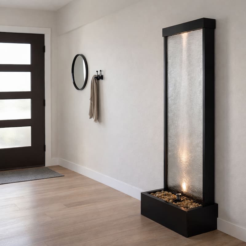 Alpine Corporation MLT170L 72" Waterfall Fountain with LED Light Cascading Textured Glass & Aluminum Floor Design, Indoor, Black