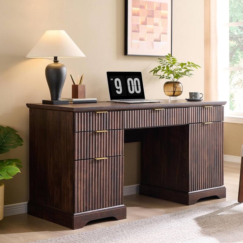 58" Modern Executive Desk with Storage, Wood Home Office Desk
