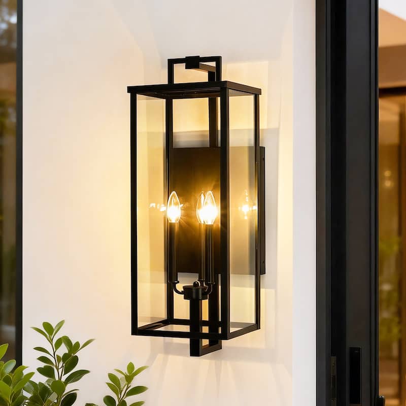 Matte Black Farmhouse Outdoor Wall Lantern Sconce - 3 Variants (16in 1-Light/22in 2-Light/27in 3-Light), Clear Glass, Wet Rated - 27 in. 3-Light