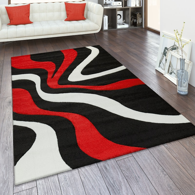 Designer Area Rug with Contour Cut and Modern Wave Pattern - 6'7" x 9'6" - Black-red