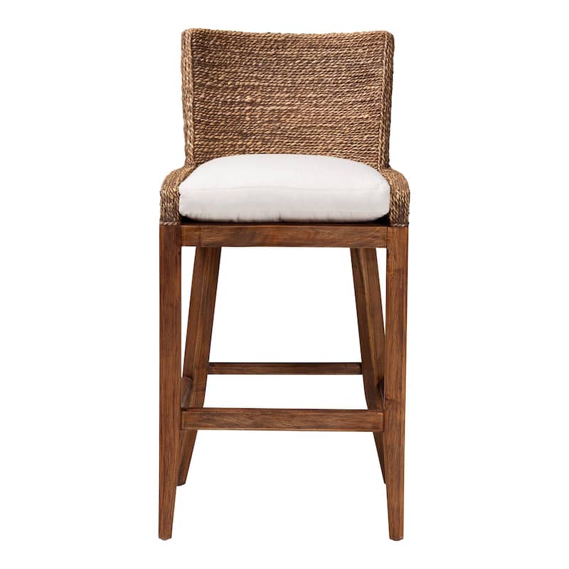 Ridley Seagrass Bar Stool with Mahogany Wood Frame - Coastal Seating with Woven Square Back and Cushioned Seat for Bar Island