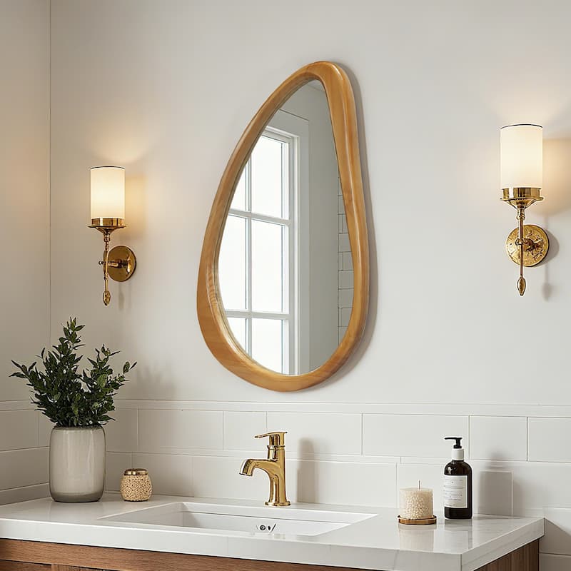 Modern Irregular Teardrop Wooden Wall Mirror, 29.92" x 20.08" Decorative Accent Mirror for Bathroom, Bedroom, Living Room
