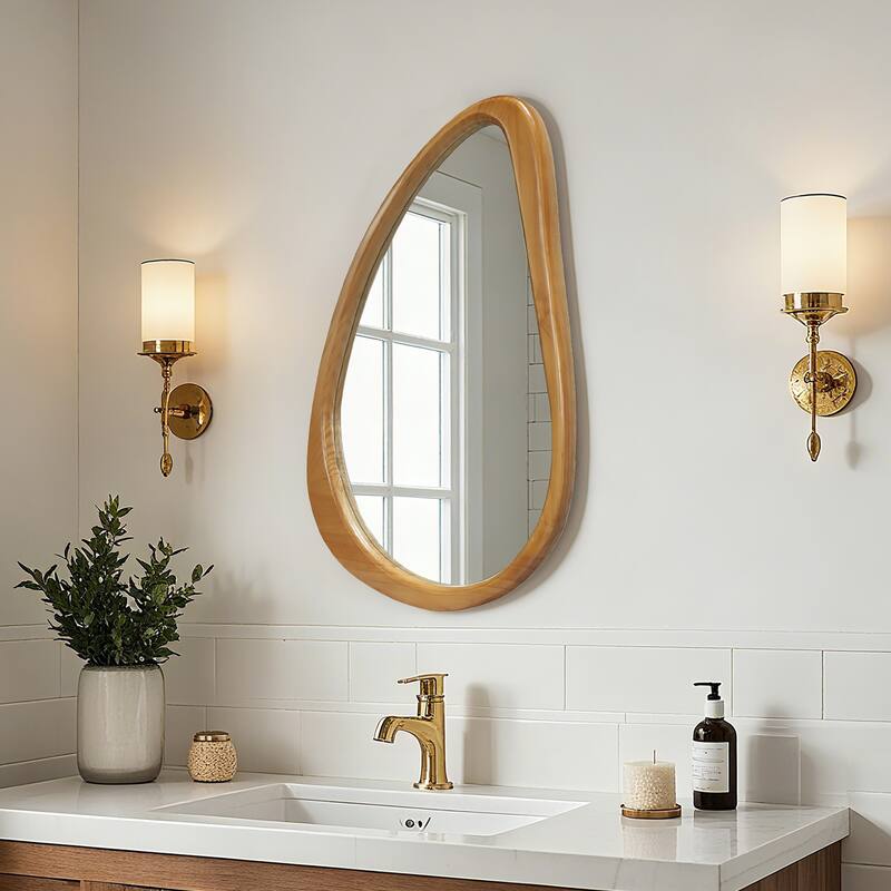 Modern Irregular Teardrop Wooden Wall Mirror - Mid-Century Home Decor for Bathroom, Bedroom - Natural Wood