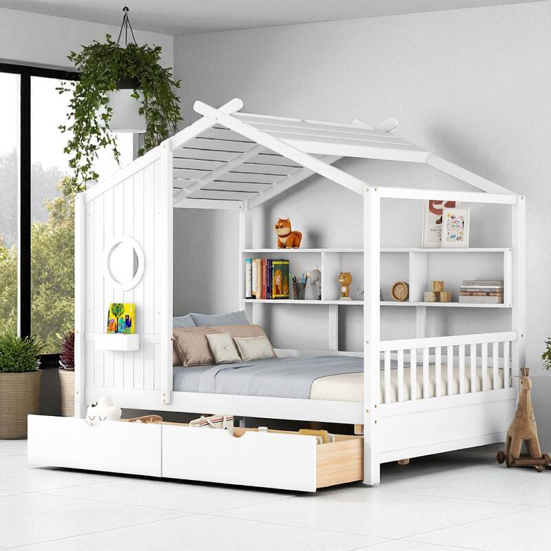 Twin/Full Size Wooden House Bed with Roof, Storage Shelf and 2 Drawers for Kids, Montessori Style