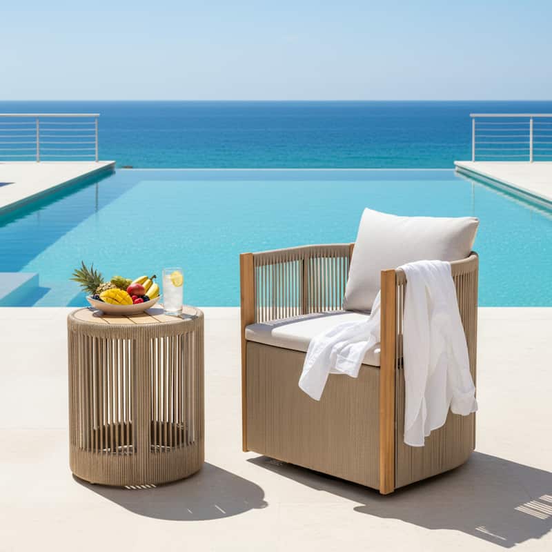 Christopher Knight Home - Orsini Outdoor Acacia Wood Dining Set with 180° Swivel Chairs & 15.00" Round Side Table - 2-Piece Set-Beige+Grey