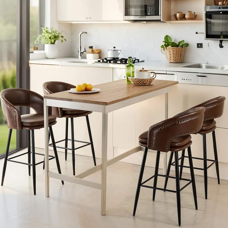 Glitzhome Set of 2 Mid-Century Modern 40.5"H Faux Leather Bar Stools with Nailhead Trim - Set of 4 - Brown