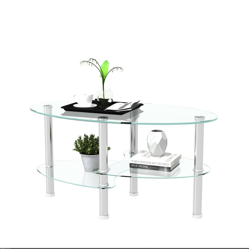 Transparent Oval glass coffee table with stainless steel leg