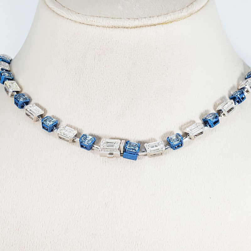 House Of Leon 14K Two Tone Multi Cut Fancy Blue & White Diamond Satellite Necklace 69.42ct