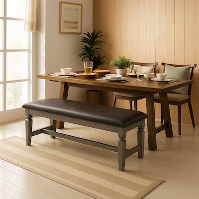 Camie Dining Bench, 56 Inch Faux Leather Seat, Gray Mahogany Wood
