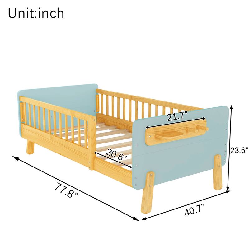 Kids Wood Platform Bed with Guardrails, Bottle Holder and 2 Hanging Rod, Convertible Toddler Daybed, Low Profile Design Frame
