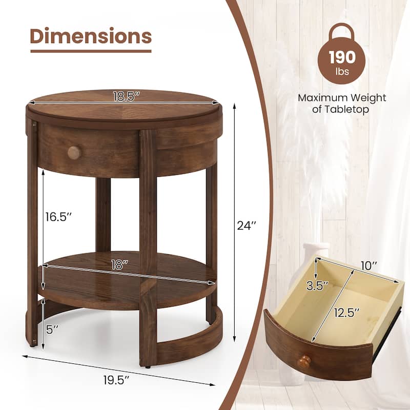 2-Tier Round Nightstand End Table with Drawer and Shelf - 19.5" x 19.5" x 24"