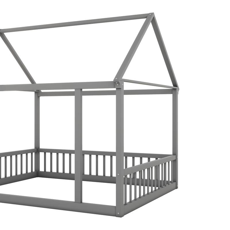 Gray Full Size Pine Wood Floor Bed with House Roof & Guardrails