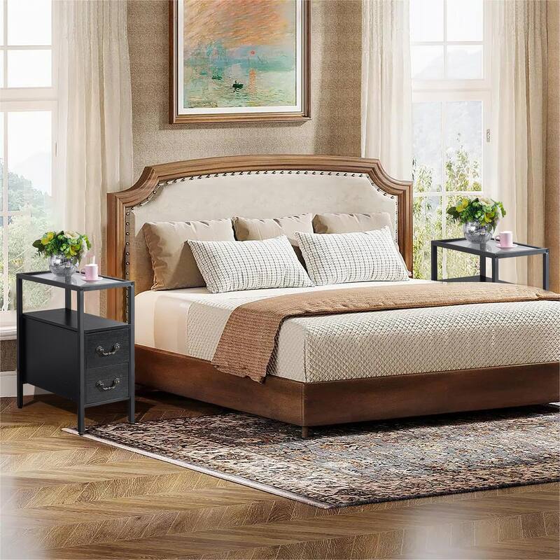 VECELO 2-Drawer Modern End Tables with Glass Top, Narrow Side Tables with Drawers, Nightstands for Small Spaces