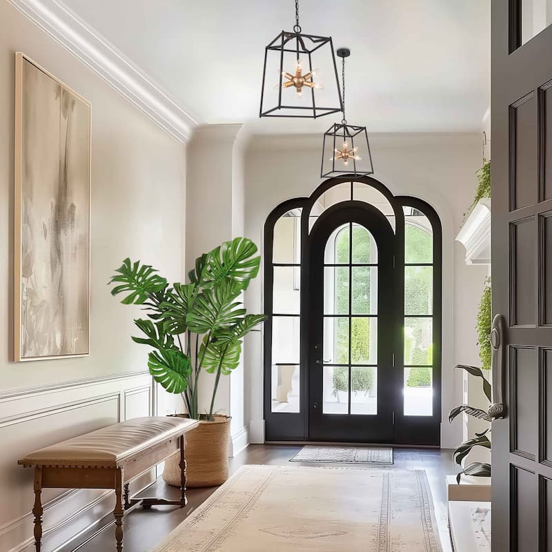 Modern Transitional Black Gold 6-light Lantern Foyer Metal Pendant for Kitchen - D14" x H82"