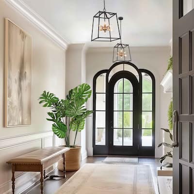 Modern Transitional Black Gold 6-light Lantern Foyer Metal Pendant for Kitchen - D14" x H82"