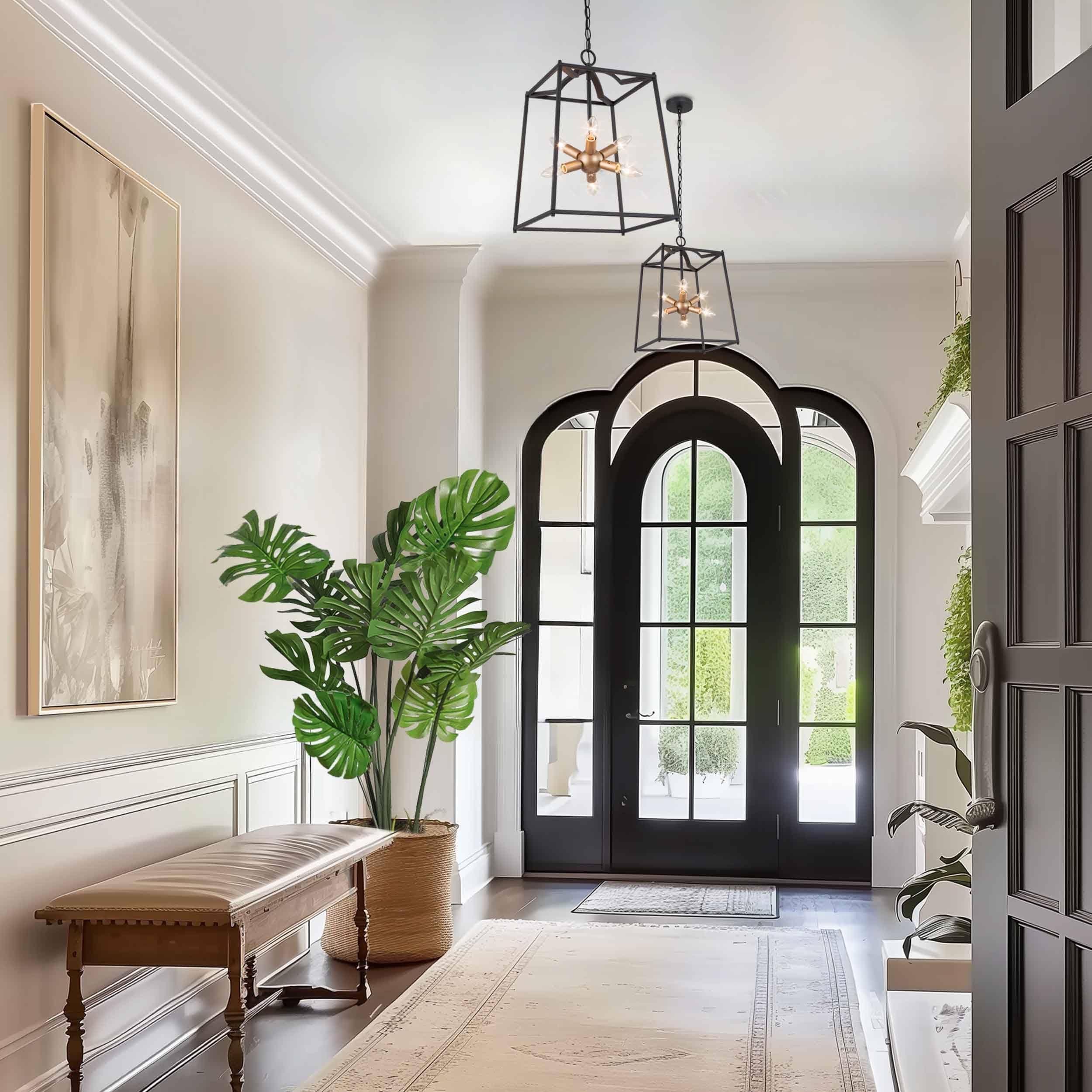 Modern Transitional Black Gold 6-light Lantern Foyer Metal Pendant for Kitchen - D14" x H82"