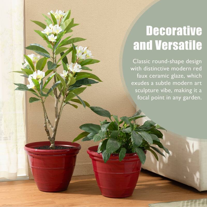 Glitzhome Set of 2 Round Cobalt Blue/Turquoise/Red Faux Ceramic Pot Plastic Planter