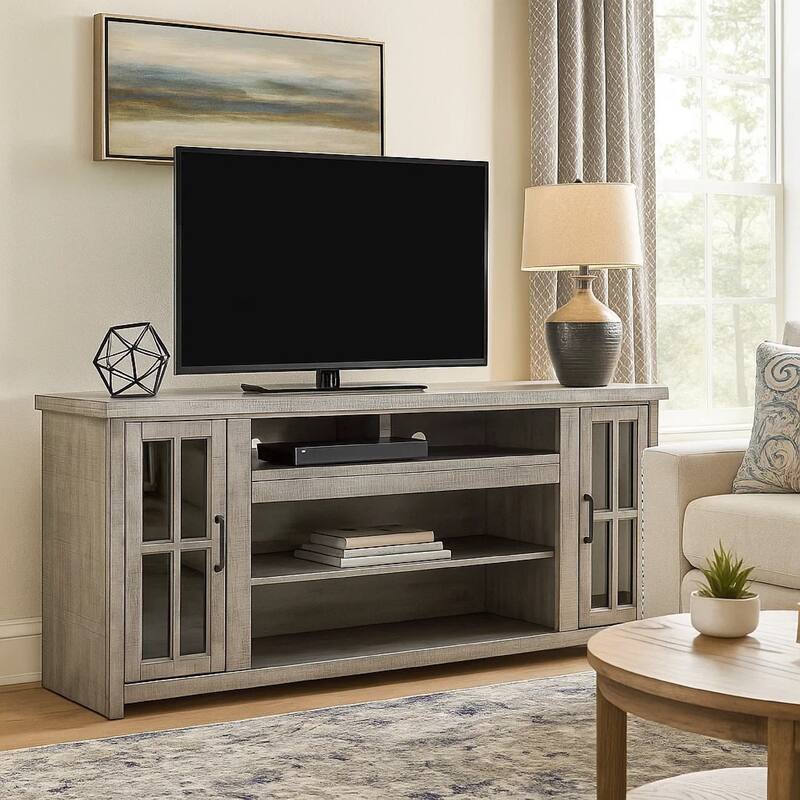 Leyla TV Stand Media Cabinet, 2 Glass Doors, Shelves, Gray Wood 76 Inch