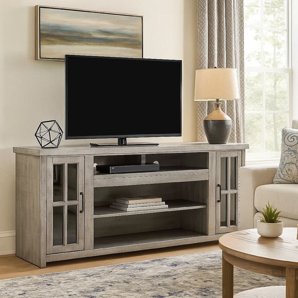 Leyla TV Stand Media Cabinet, 2 Glass Doors, Shelves, Gray Wood 76 Inch