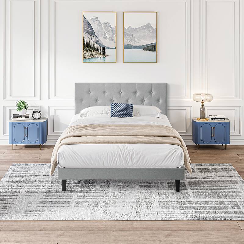 Queen Size Upholstered Platform Bed with Tufted Linen Headboard, Easy Assembly, Wood Slat Support, Grey