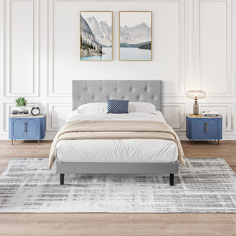 Upholstered Bed Frame with Button Tufted Linen Headboard