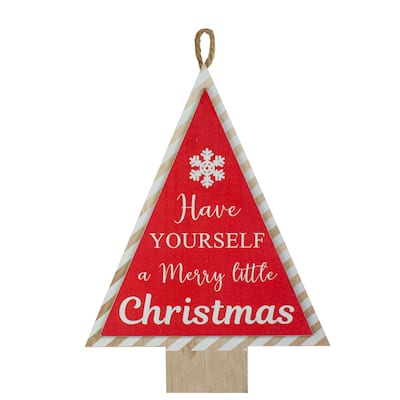 16" Red and White Merry Little Christmas Tree Wooden Hanging Wall Sign