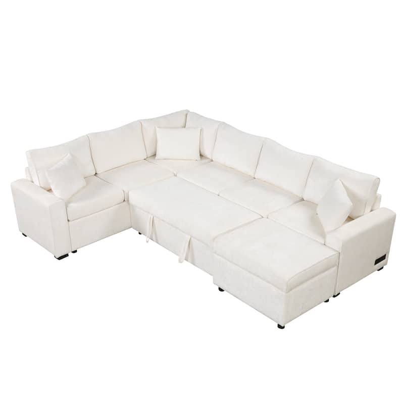 Roomfitters Sectional Sofa Pull-Out Bed Sleeper with Storage Ottoman, Three Pillows, and Built-In Charging Devices
