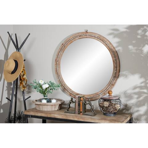 Large Natural Light Brown Rustic Wood Wall Mirror with Bead Detail - 36 x 2 x 36Round