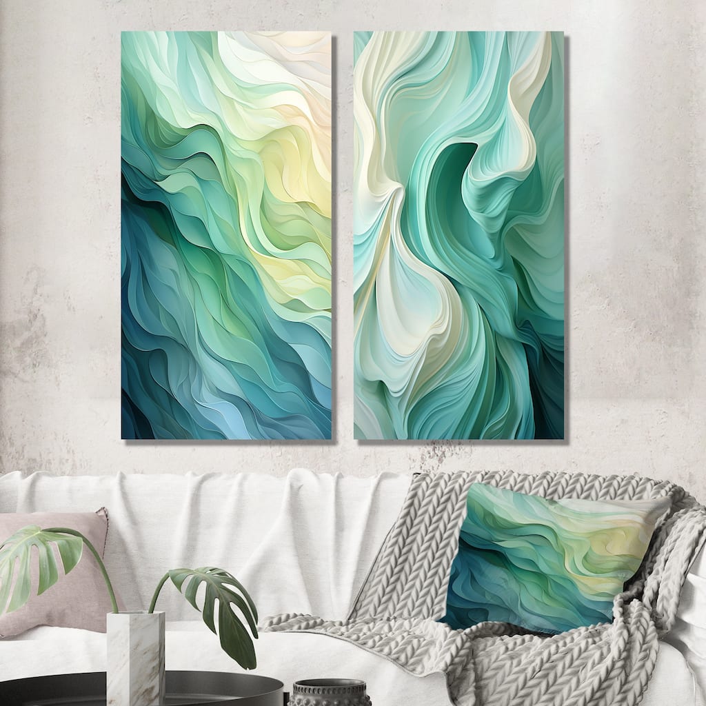 Designart "Gree And White Sway Wave Serenity I" Abstract Geometric Canvas Set Of 2 - Modern Wall Art Set 2 Pieces