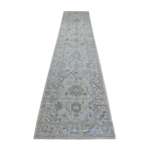 Shahbanu Rugs Gray Natural Wool, Afghan Oushak with Floral Pattern, Hand Knotted Runner Oriental Rug (2'9" x 15'1")