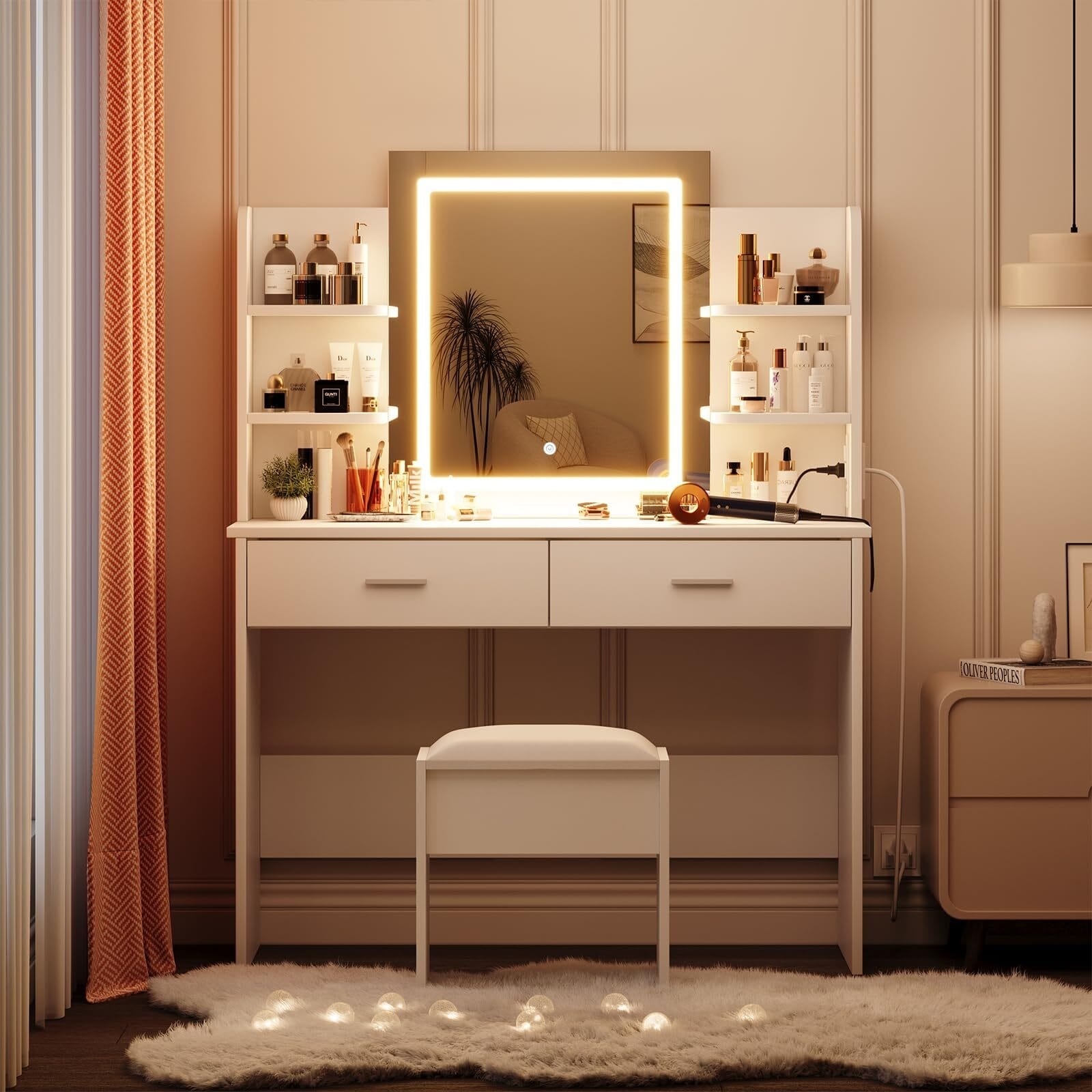 Vanity Desk with Lighted Mirror, Makeup Vanity Set with Power Outlet