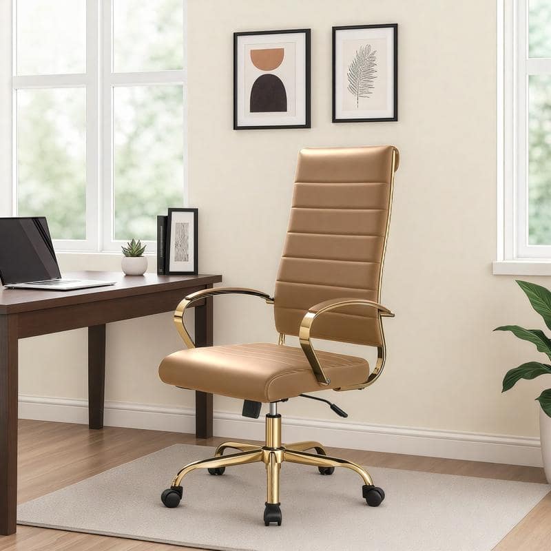 LeisureMod Benmar High-Back Leather Office Chair With Gold Frame - Red - 24.5"Dx22.5"Wx46"H