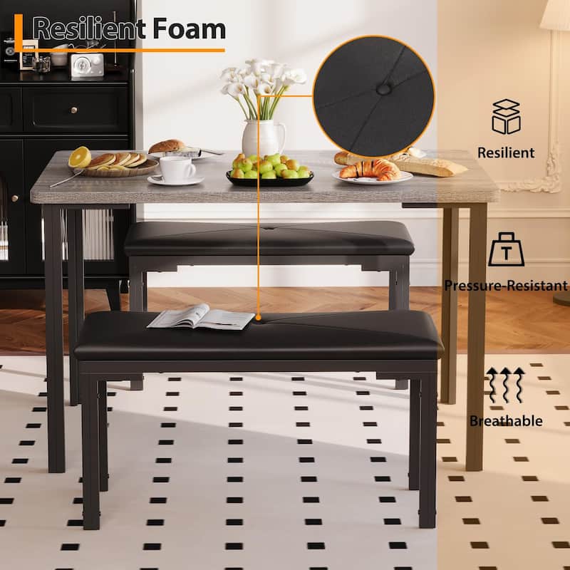 Dining Table Set for 4, Kitchen Table with 2 Benches with Metal Frame, Space-Saving