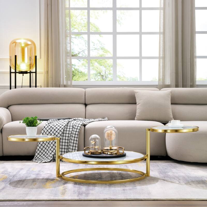 Round Tempered Glass Coffee Table with 3 Tiers 360 Degrees Rotating Top - Gold